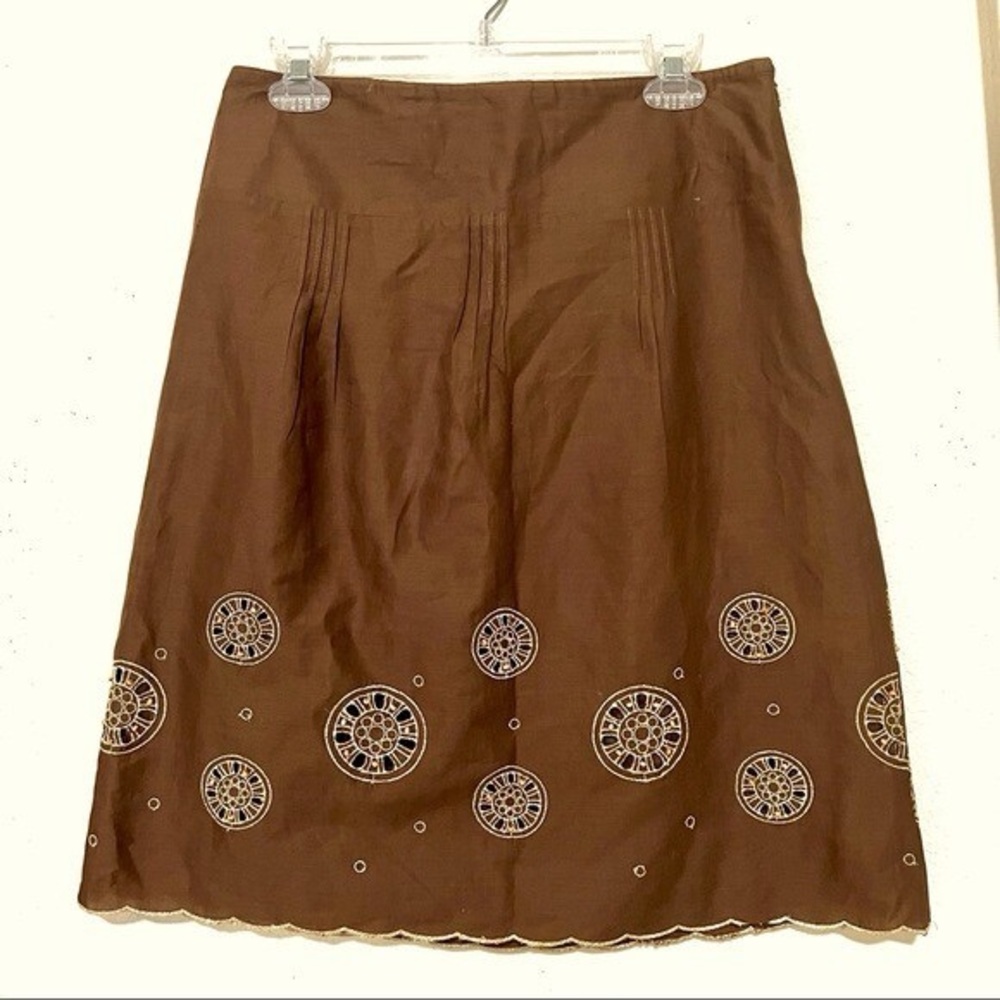 LOFT Brown A-Line Skirt with Embroidery